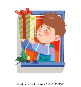 Freckled Boy in the Window Holding Wrapped Gift Box with Ribbon Bow Vector Illustration