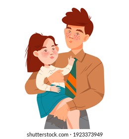 Freckled Father Holding Little Daughter with Arms Vector Illustration