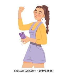 Freckled Female with Braid Showing Fist Pump as Celebratory Hand Gesture Feeling Happiness and Excitement Vector Illustration