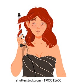 Freckled Girl Curling Her Hair with Iron Vector Illustration