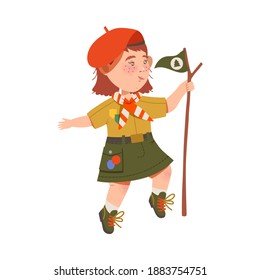 Freckled Girl Junior Scout in Bonnet Holding Flag on Stick Vector Illustration