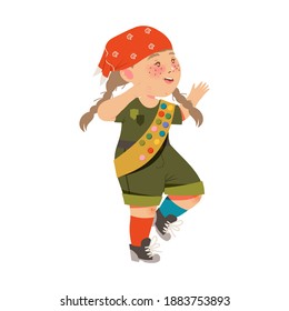 Freckled Girl Junior Scout in Khaki Uniform Walking Vector Illustration