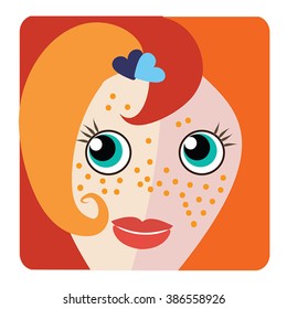 Freckled girl red hair - vector icon or avatar, personal user picture for blog decoration.Cute red haired beauty woman smiled face in square frame. As logo design element, headliner.