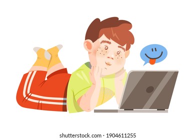 Freckled Little Boy Lying with Laptop and Communicating in Social Media Vector Illustration