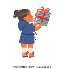 Freckled Little Girl Receiving Wrapped Gift Box for Special Occasion Like Birthday or Holiday Celebration Vector Illustration