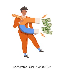 Freckled Man Attracting Dollar Banknotes with Magnet Vector Illustration
