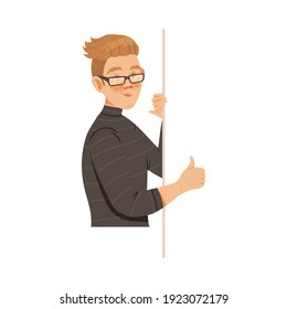 Freckled Man Looking Out from Behind the Corner Vector Illustration