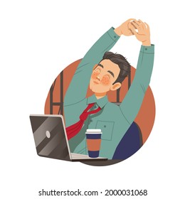 Trabajador de oficina de Man con portátil y café en la composición de vectores circulares de área de trabajo
