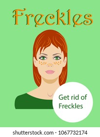 freckled redhaired young woman isolated on a green background word Freckles, vector illustration
