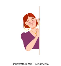 Freckled Woman Looking Out from Behind the Corner Vector Illustration