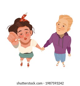 Freckled Woman and Man Holding Hands and Pointing Finger Looking Up Watching at Something Above View Vector Illustration