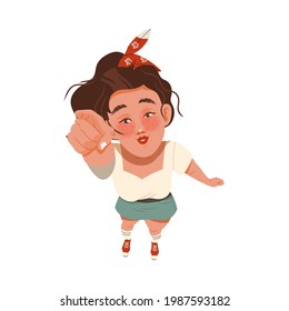 Freckled Woman Pointing Finger Looking Up Watching at Something Above View Vector Illustration