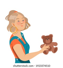 Freckled Woman with Ponytail Holding Teddy Bear Vector Illustration