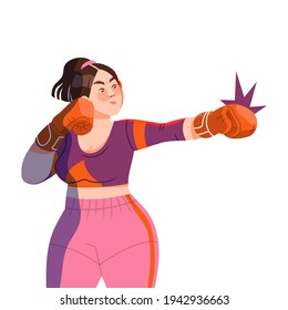 Freckled Woman with Ponytail Wearing Boxing Gloves Throwing Punch Vector Illustration