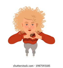 Freckled Woman Showing Heart Hand Gesture Looking Up Watching at Something Above View Vector Illustration