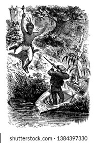 Fred Ransom and a Native American, this scene shows a man standing in boat and shooting a boy by gun jumping towards him and boy holding something in hand, vintage line drawing or engraving