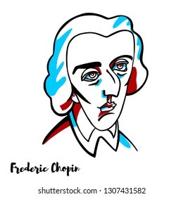 Frederic Chopin engraved vector portrait with ink contours. Polish composer and virtuoso pianist of the Romantic era who wrote primarily for solo piano.