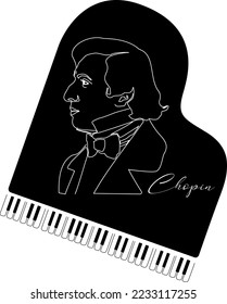 Frederic Chopin with his piano - black and white vector illustration