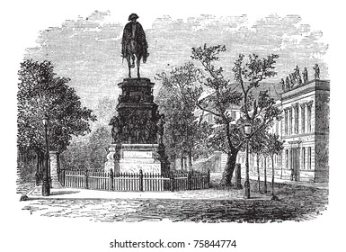 Frederick the Great also known as Fritz, king, statue, Berlin, Germany, old engraved illustration of the Frederick the Great king, statue, Berlin, Germany.