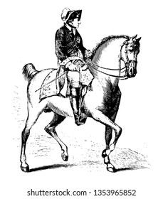 Federico II de Prusia a caballo, 1712-1786, fue el rey de Prusia de 1740 a 1786, ilustración vintage de líneas o grabado