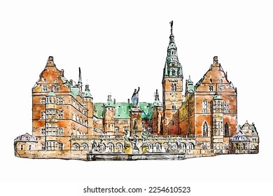 Fredericksburg castle denmark watercolor hand drawn illustration isolated on white background