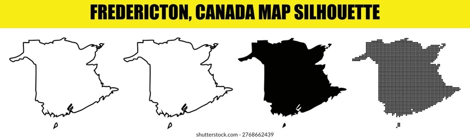 Fredericton canada map silhouette set white outline solid black and dotted styles.