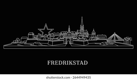 Fredrikstad Skyline Lineart with Norway, and Black.