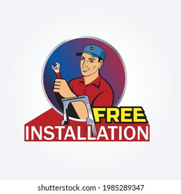 Free AC Installation Logo Mnemonic Vector. Male Technician Repairing Air Conditioner. Man Worker Installs Indoor Air Conditioner In The New Home. Select Focus. Free Installation Logo.