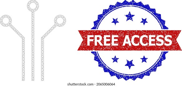 Free Access rubber stamp, and electronic connections icon polygonal structure. Red and blue bicolored stamp contains Free Access title inside ribbon and rosette.