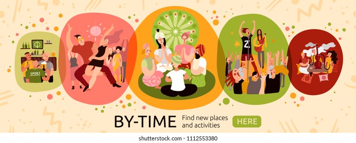 Free activities online funny colorful web banner header with sport meditation dancing party vaping club vector illustration 