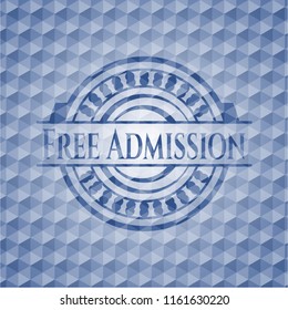 Free Admission blue hexagon emblem.