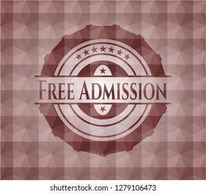 Free Admission red seamless emblem with geometric background.