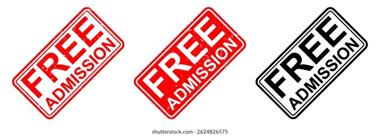  Free Admission text Grunge rubber stamp design with bold. Ideal for ticket pass, event promo, fair entry, and public invitation vector illustration in retro or urban themes.