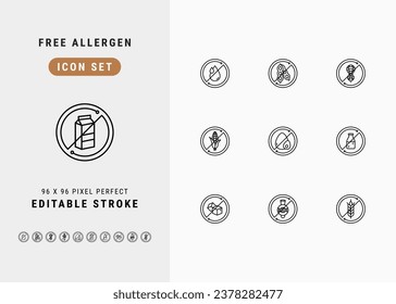 Zu den kostenlosen Allergennahrung gehören Nichttransfat, Soja, Nut, Mais, Ei, Dairy, Lactose, Zucker, GVO und Gluten. Zeilensymbole Set. Bearbeitbarer Strich-Vektorstock. 96 x 96 Pixel perfekt.