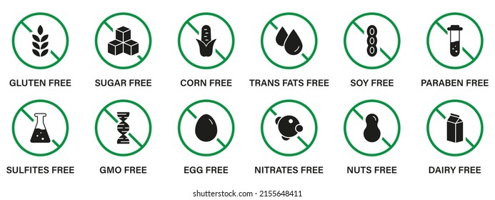 Free Allergen Ingredient Silhouette Black Icon Set. Forbidden Symbol of GMO, Trans Fat, Sugar, Soy, Egg, Gluten, Corn, Dairy, Sugar, Milk, Paraben and Nitrates. Isolated Vector Illustration.