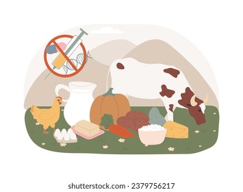 Free from antibiotics hormones GMO foods isolated concept vector illustration. Organic products livestock, organic farming, choose healthy foods, rich nutrient diet, farm market vector concept.