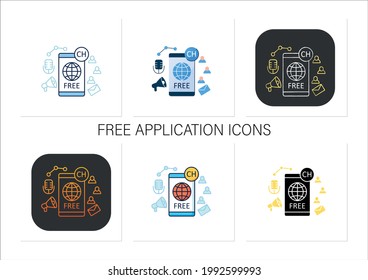 Free application icons set. Chatting for everyone. Public app. Global social media. Communication concept. Collection of icons in linear, filled, color styles.Isolated vector illustrations
