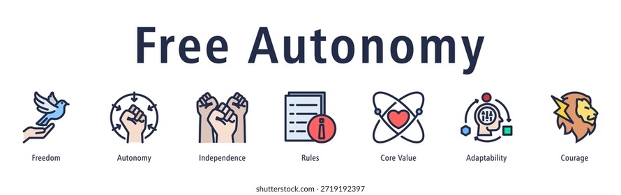 Free autonomy icon vector concept illustrating freedom, independence, autonomy, renewal, values, and self-direction.