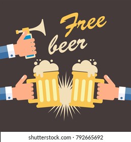 Free beer. Advertising. Flat design, isolated background, vector.