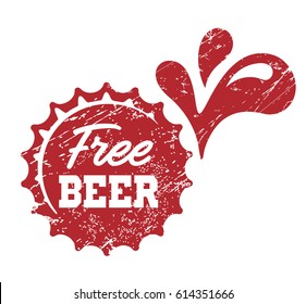 Free beer. Words on the beer bottle cap. Splashes and drops. Rubber stamp vector illustration. 