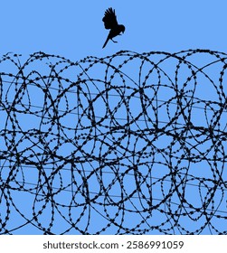 A free bird is about to land on Razor wire, barbed wire of a prison and is seen in front of a blue sky in this background image.