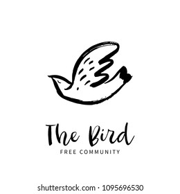 Free Bird. Hand Sketched Bird Logo. Black Cut Silhouette On A White Background. Hand Drawn Design Elements. Vector Illustration.