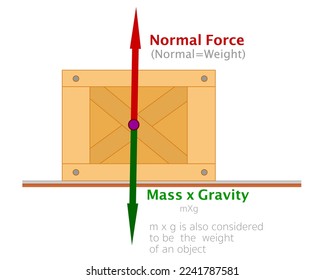 Free body diagram. Normal force load, weight mass gravity. Identifying action reaction forces friction example. Wooden box, package. Newton's second law. Illustration vector