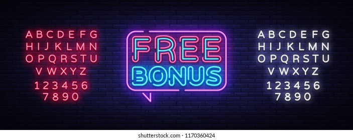 Free Bonus Neon Text Vector. Bonus neon sign, design template, modern trend design, casino neon signboard, night bright advertising, light banner, light art. Vector. Editing text neon sign