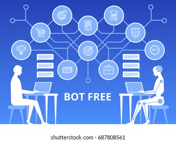 Free bot. Virtual robot assistance of website or mobile applications. Artificial intelligence. Concept flat vector illustration