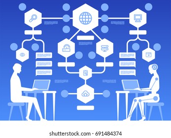 Free bot. Virtual robot assistance of website or mobile applications. Artificial intelligence. Concept flat vector illustration