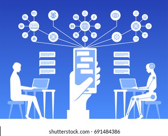 Free bot. Virtual robot assistance of website or mobile applications. Artificial intelligence. Concept flat vector illustration