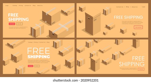 Free box shipping, delivery service concept, vector illustration. Business transportation, logistic order, landing banner set. Order package, express shipment design, template web page.