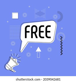 Free bubble vector on bright blue background. Comic speech bubble. Cartoon comic explosion. Colorful speech balloon with megaphone.  Massages and talk signs for app, web.