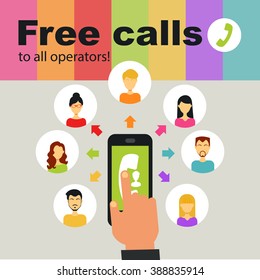 Free calls to all operators! Chatting Social Network Communication Friends Group People Concept Vector Illustration